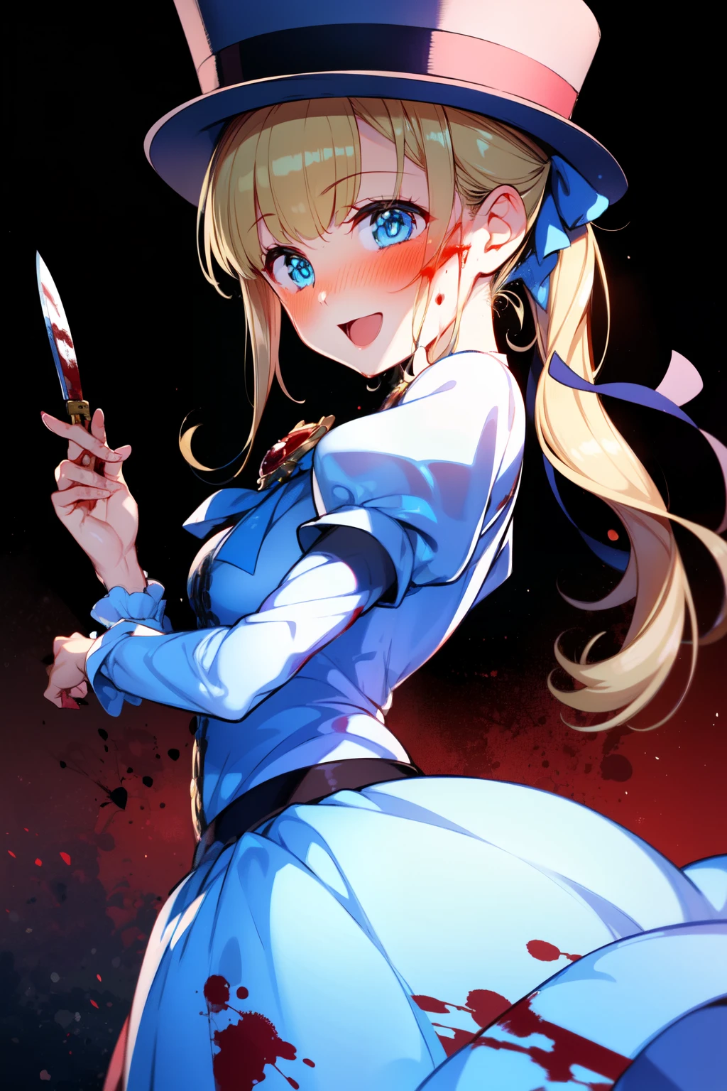 (1girl, solo), blonde hair, side ponytail, (blue eyes:1.5), long hair, (small breast:1.2), (hair ribbon, juliet sleeves, long sleeves, puffy sleeves, blood stained white dress:1.5, frills, top hat, black top hat, hat, hat flower,) looking at viewer, crazy smile, blush, blood, blood on arm, blood on face, blood on clothes, blood on hands, holding knife, knife, indoorasterpiece:1.2), best quality, high resolution, unity 8k wallpaper, (illustration:1.5), anime style, (beautiful detailed eyes:1.6), extremely detailed face, perfect lighting, extremely detailed CG, (perfect hands, perfect anatomy), (dynamic pose, dynamic angle:1.1), nadja, red heart brooch, jewelry, serial killer, slasher,