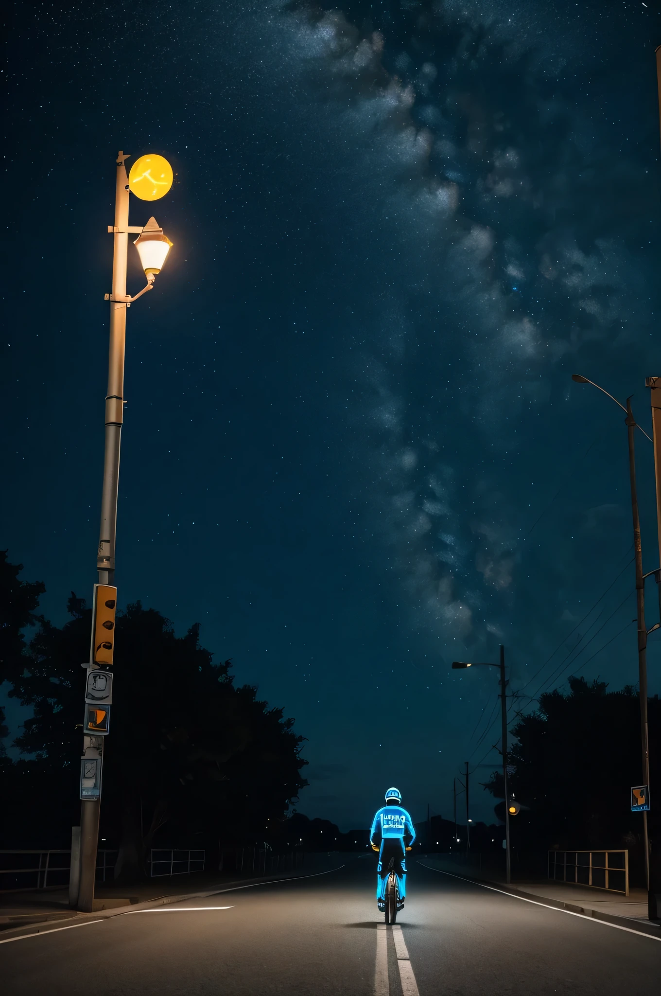 a guy wearing a cool bike helmet , lonely, looking at a light post , at night, the stars are clear in the sky, neon blue sky ,standing in an empty road, shot from behind