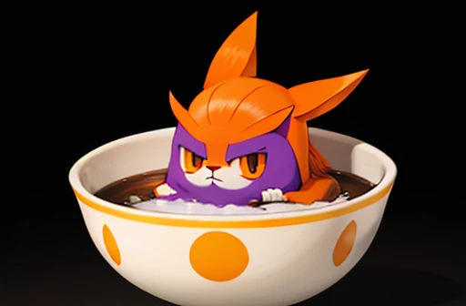 Psychic type Longhair orange cat, with a white chin, wearing a pointy purple wizard hat with stars on it, sitting in front of an empty bowl of soup drawn in the style of a Pokémon card. The background looks like a Japanese dinning room.