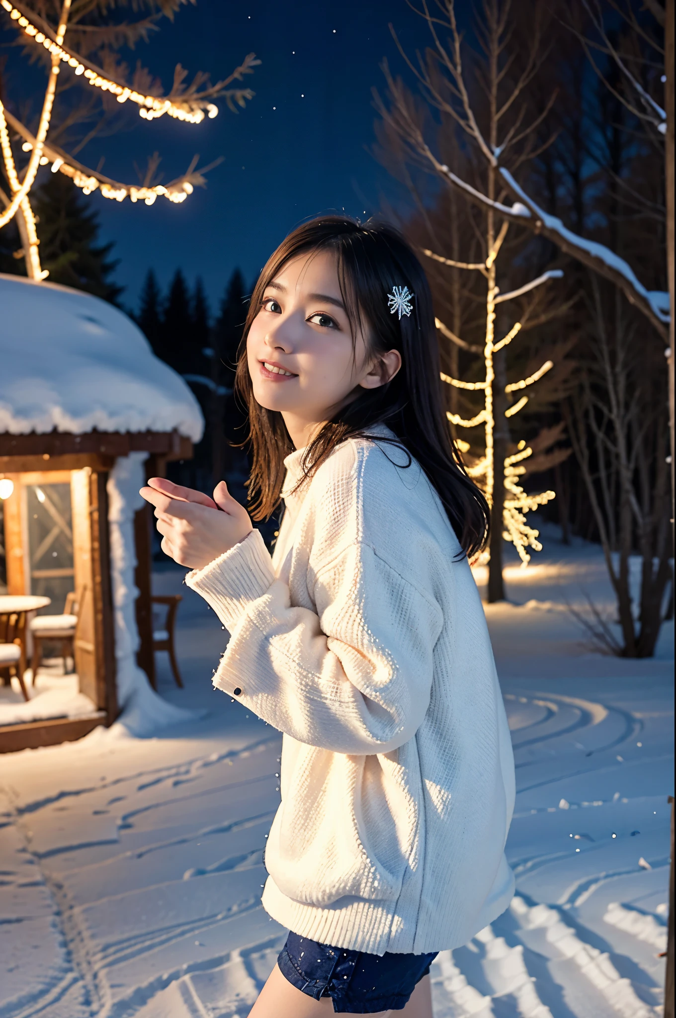 (Best Quality,4K,hight resolution,masutepiece:1.2),Realistic,Christmas,girl (),Hugging a big teddy bear、(fullnude)、sideshot、Looking up at the night sky、a closeup,Snow falling in the background,Winter wonderland,Magical atmosphere,Soft lighting,Vibrant colors,Happiness,Welcoming environment,Warmth,Shortcut Hair,Shimmering decoration,Twinkling lights,wrapped present,magic snowflake,Christmas tree with ornaments,log cabin,Peace and quiet,Excitement and anticipation,Snowy landscape,Enchanted moments,Upholstered stockings