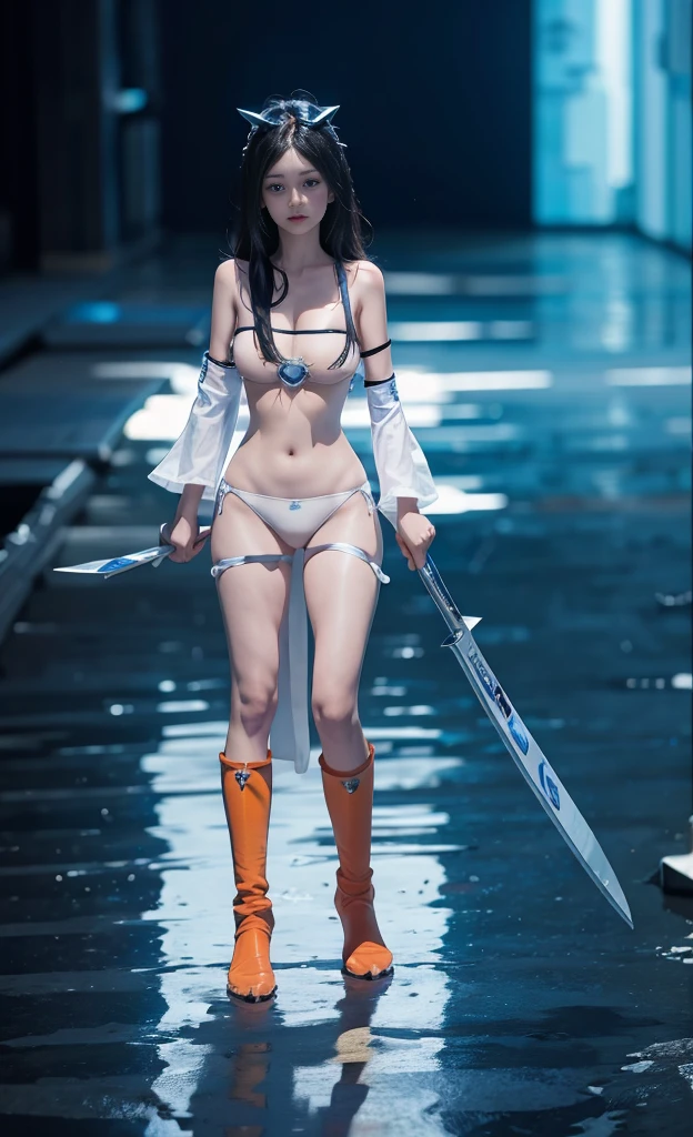 orange color hair，Nice face，blue bikini armor，Heterochromatic pupil，Full body photo，half moon，Firefly forest under the moon