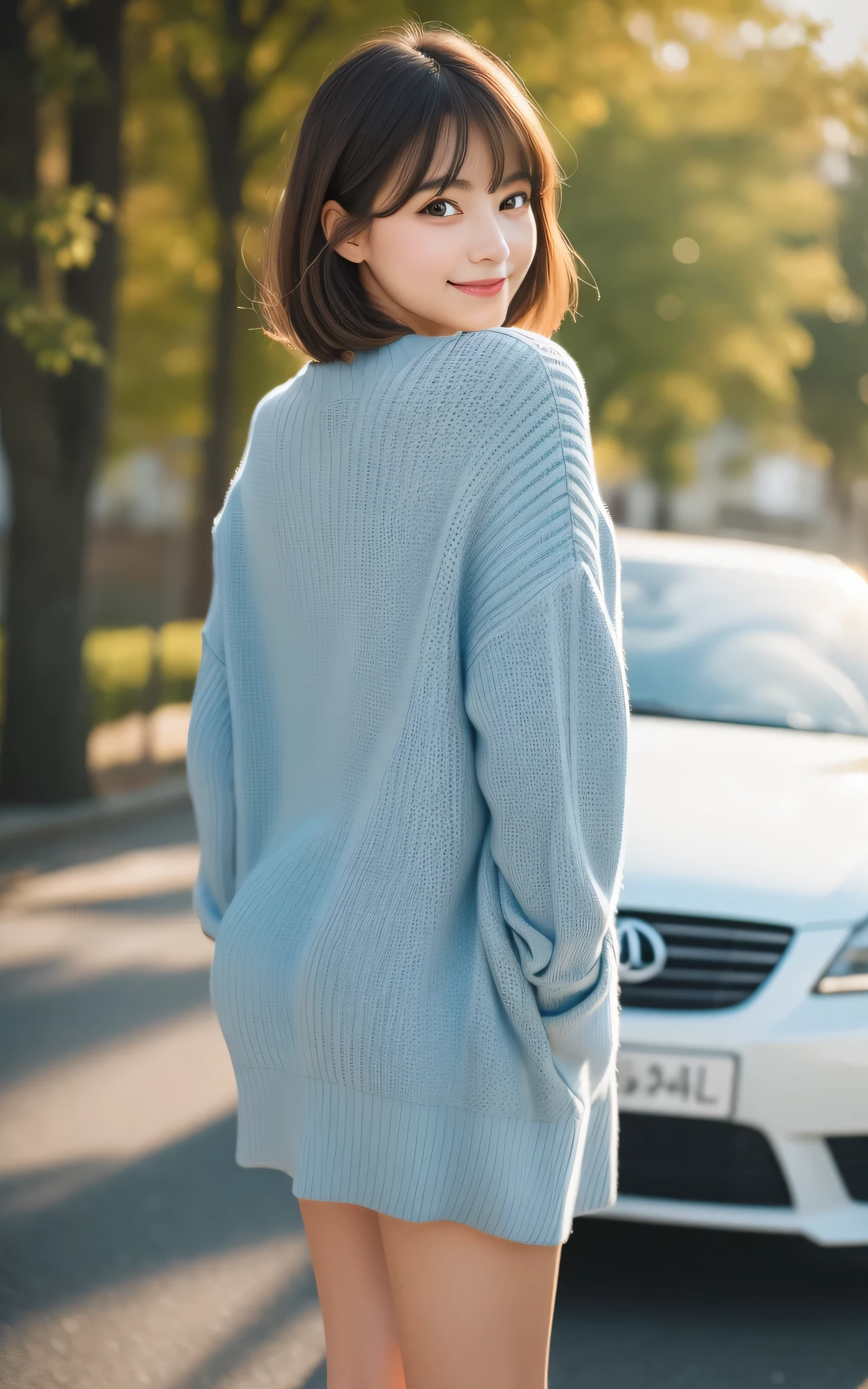masutepiece, Best Quality, 8K, 1 girl, 20 yo, Closed mouth, Smile, Full body, (Full body:1.4), Solo, Cute, Girly, Delicate girl, Neat and clean beauty, Raw photo, Professional Photography, Portrait, Soft light, Professional Lighting, Back lighting, Look away, looking at away, Sophisticated, Film grain, (Eyes and faces with detailed:1.0), Short-length floating hair, Beautiful flowing hair, Bangs, Sweaters