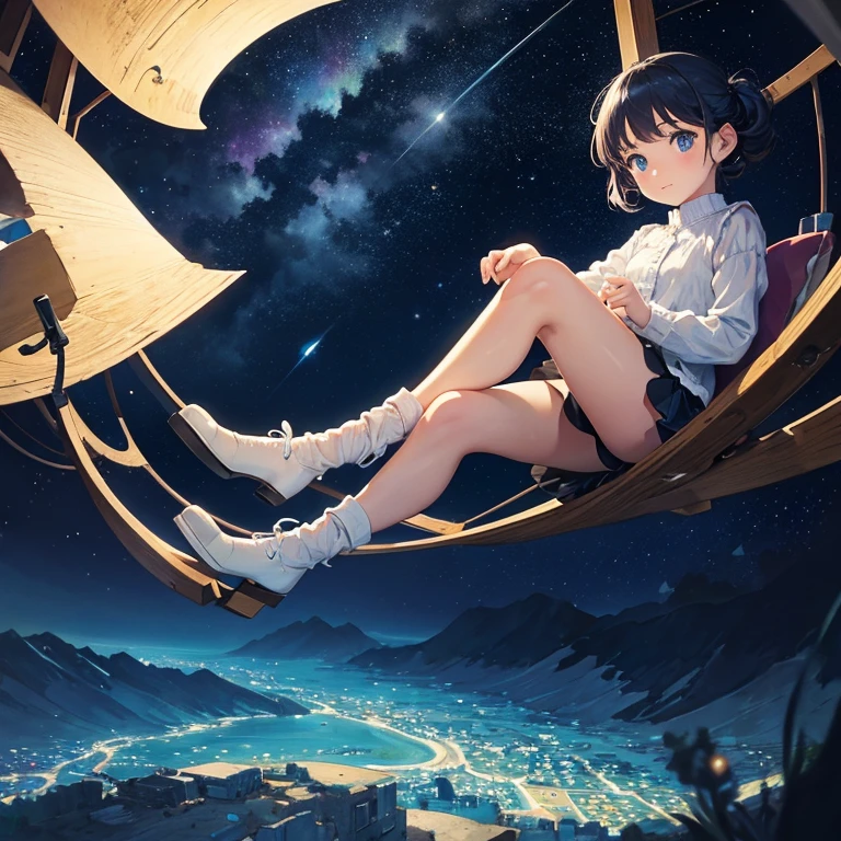 A little girl sits on the moon with a starry sky in the background. Van Gogh's cartoon style