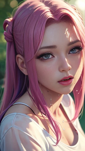 sexy woman, braided hair, black t-shirt, close-up on face, eyes closed, glossy pink lips parted for a kiss, flawless glowing skin, long beautiful neck