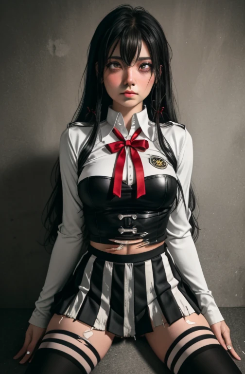 (full figure:1.1), (1 girl as yukino yukinoshita:1.2), absurdres, highres, solo, school uniform, big breasts, waist long black hair, (twintails:0.5), (pleated miniskirt:1.2), (black thighhigh socks:1.2), loose red ribbon, unbuttoned white shirt, (ahegao:1.5), (rolling eyes:1.5), (torn clothes:1.5), naked breastss, spread legs