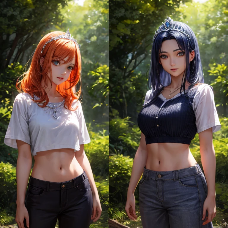 master part, best quality, ultra-detalhado, florescer, MILF, face madura, alto, grosso, orange hair, olhos azuis, franja, cabelos longos, roupa de fada, Croptop azul, Mangas, saia azul, roupas cintilantes, Asas de fada, tiara, Standing, sorrir, na floresta, cowboy shot, Realistic, Volumetric lighting, detalhes intrincados, mapeamento de tons, foco nítido, hiper detalhado,