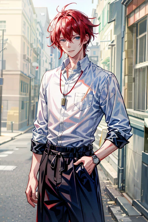 1boy,uchiha Sasuke, hand on pocket, on cool background,red hair, stylish outfit, blue eyes, hair between eyes, jewelry, leaf, looking at viewer, male focus, necklace, pants, shirt, solo, watch, white pants, wristwatch, messy hair, trending on artstation, 8k resolution, highly detailed, anatomically correct, sharp image, digital painting, concept art, trending on pixiv, style of makoto shinkai,
