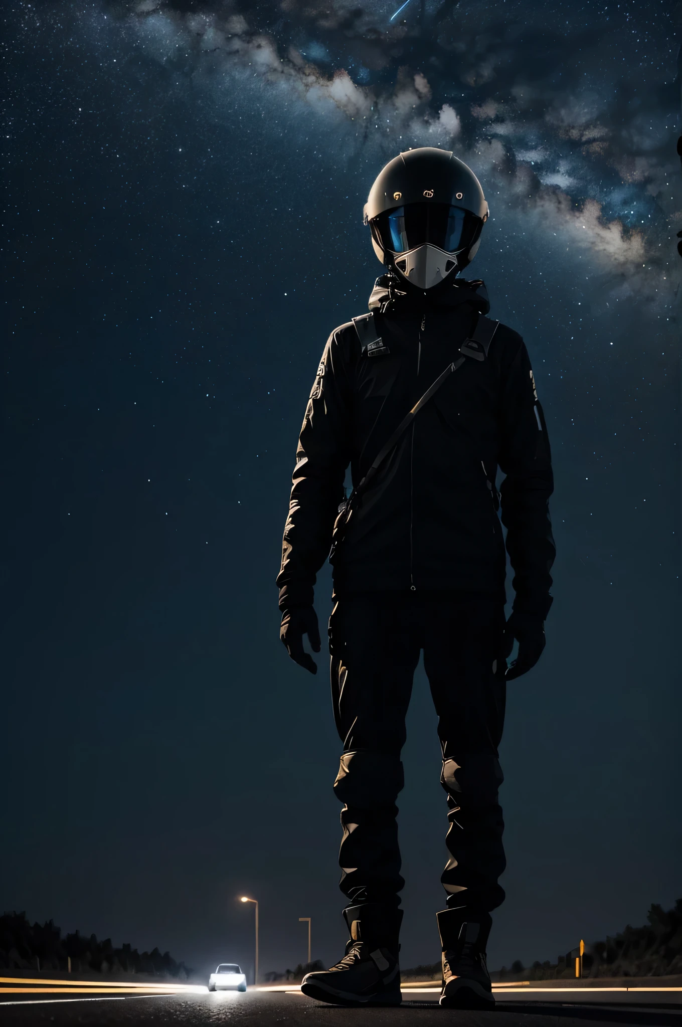 A solitary figure stands on an empty road, his bike helmet a symbol of his independence and individuality. As he looks up at the stars in the clear night sky, he can't help but feel a sense of longing and isolation.