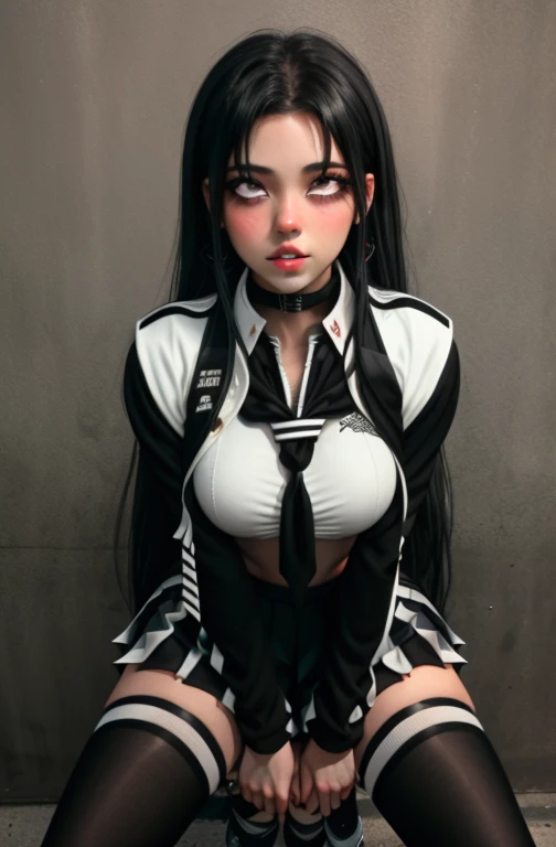(full figure:1.1), (1 girl as yukino yukinoshita:1.1), absurdres, highres, solo, school uniform, big breasts, waist long black hair, (twintails:0.5), (pleated miniskirt:1.2), (black thighhigh socks:1.2), loose red ribbon, unbuttoned white shirt, (ahegao:1.5), (rolling eyes:1.5), (torn clothes:1.5), naked breastss, spread legs