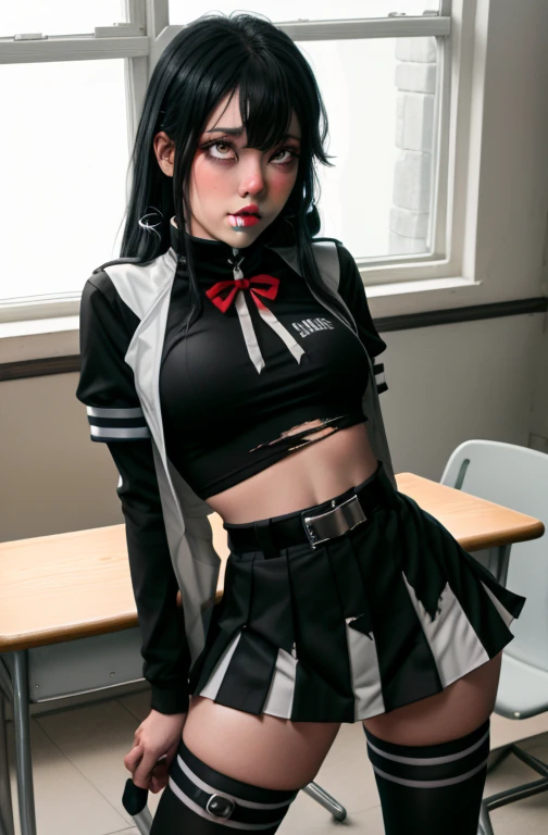 (full figure:1.1), (1 girl as yukino yukinoshita:1.1), absurdres, highres, solo, school uniform, big breasts, waist long black hair, (twintails:0.5), (pleated miniskirt:1.2), (black thighhigh socks:1.2), loose red ribbon, unbuttoned white shirt, (ahegao:1.5), (rolling eyes:1.5), (torn clothes:1.5), naked breastss, spread legs