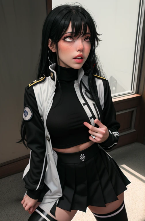 (full figure:1.1), (1 girl as yukino yukinoshita:1.1), absurdres, highres, solo, school uniform, big breasts, waist long black hair, (twintails:0.5), (pleated miniskirt:1.2), (black thighhigh socks:1.2), loose red ribbon, unbuttoned white shirt, (ahegao:1.5), (rolling eyes:1.5), (torn clothes:1.5), naked breastss, spread legs