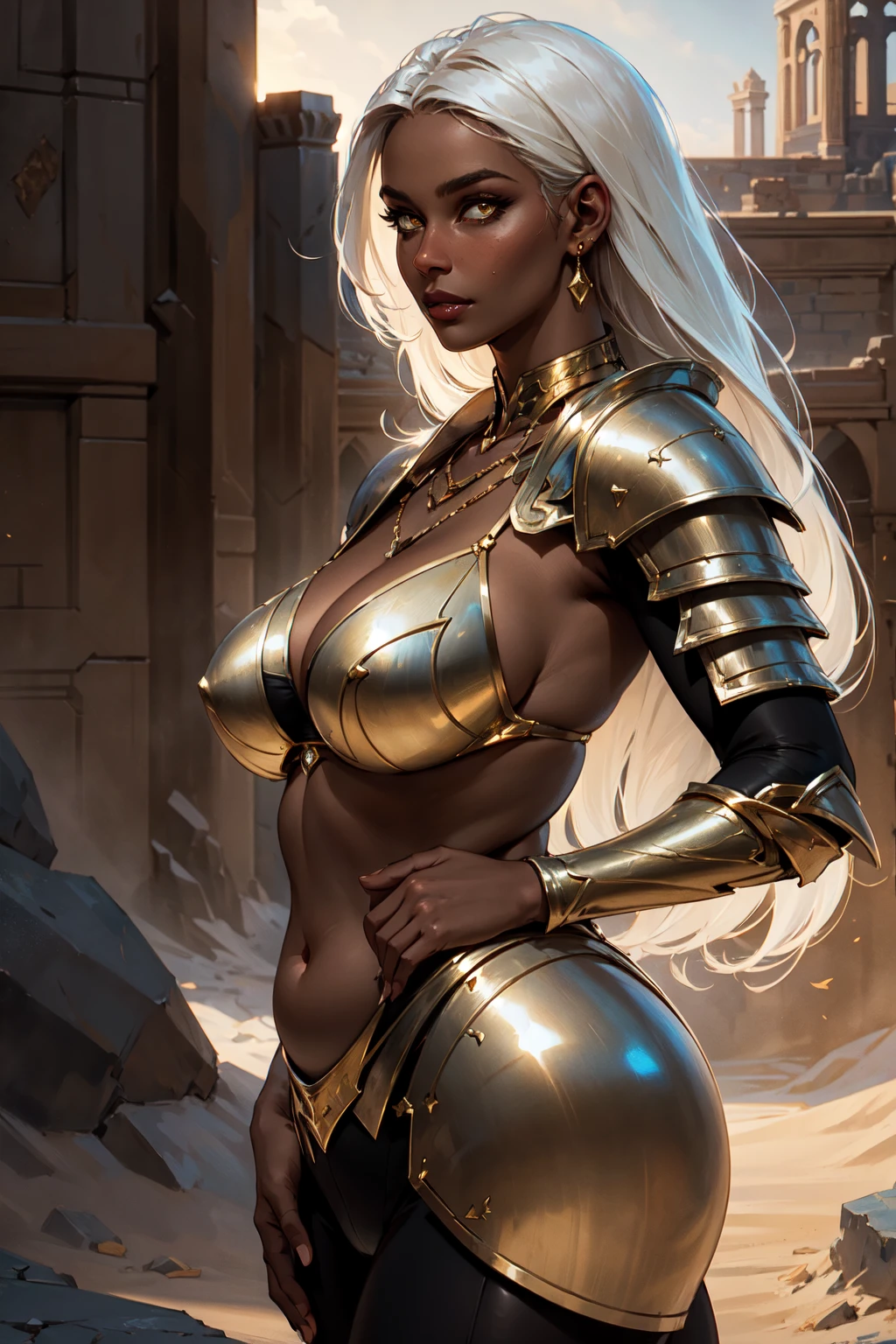 (masterpiece, best quality, perfect face, beautiful and aesthetic:1.2, highest detailed face), (beautiful female worrior, long flowing white hair, (dark skin:1.4), amber eyes, huge breasts, slender waist, plump ass, wide hips, thick tights), (voluptuous body:1.1), (desert, desert ruins), extremely detailed eyes, detailed skin, skin pores, ((raveling armor, skimpy armor bikini, gold jewelry)), cinematic lighting, dim light, dimly lit, looking at viewer, (seductive pose:1.4), side view, (solo:1.4), (high quality, CG, 4k, extremely detailed, hyper realism, dramatic light, sharp, HDR)