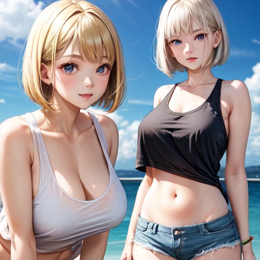 adult lady、a blond、bob cuts、 A tank top that shows a little of your stomach