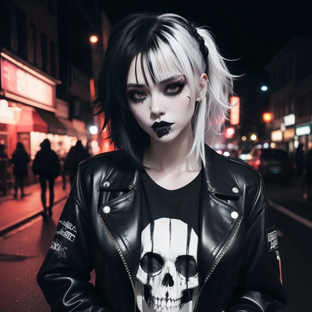 masterpiece, best quality, highly detailed,1girl, massive breasts, emo hairstyle, messy hair, split-color hair, black and white hair, eye shadow, black lipstick, street at night, neon lighting, skull print t-shirt, jacket,