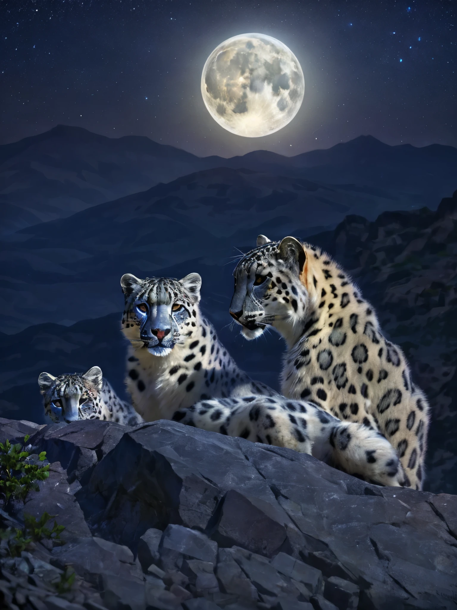 photograph of a family of majestic spotted snow leopard sitting on top of a cliff at night. Full moon. Birds flying in the background., cinematic lighting, reflection light, backlighting, high detail, UHD, masterpiece, anatomically correct, super detail, 8k