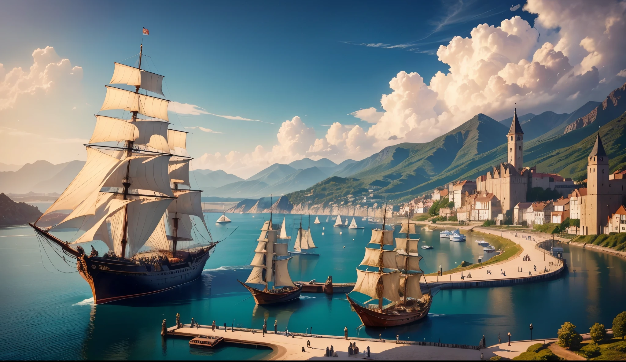 tmasterpiece, quality, Best quality at best, offcial art, Beautiful and beautiful:1.2, extremely detaile, (s fractal art:1.3) Western European medieval style port, Age of Discovery Medieval Port.Boats of various sizes docked at the shore,The distant ocean meets the sky, The medieval-style port scenery of the Age of Discovery is a picture full of history、culture、Picture scroll of natural and human elements.