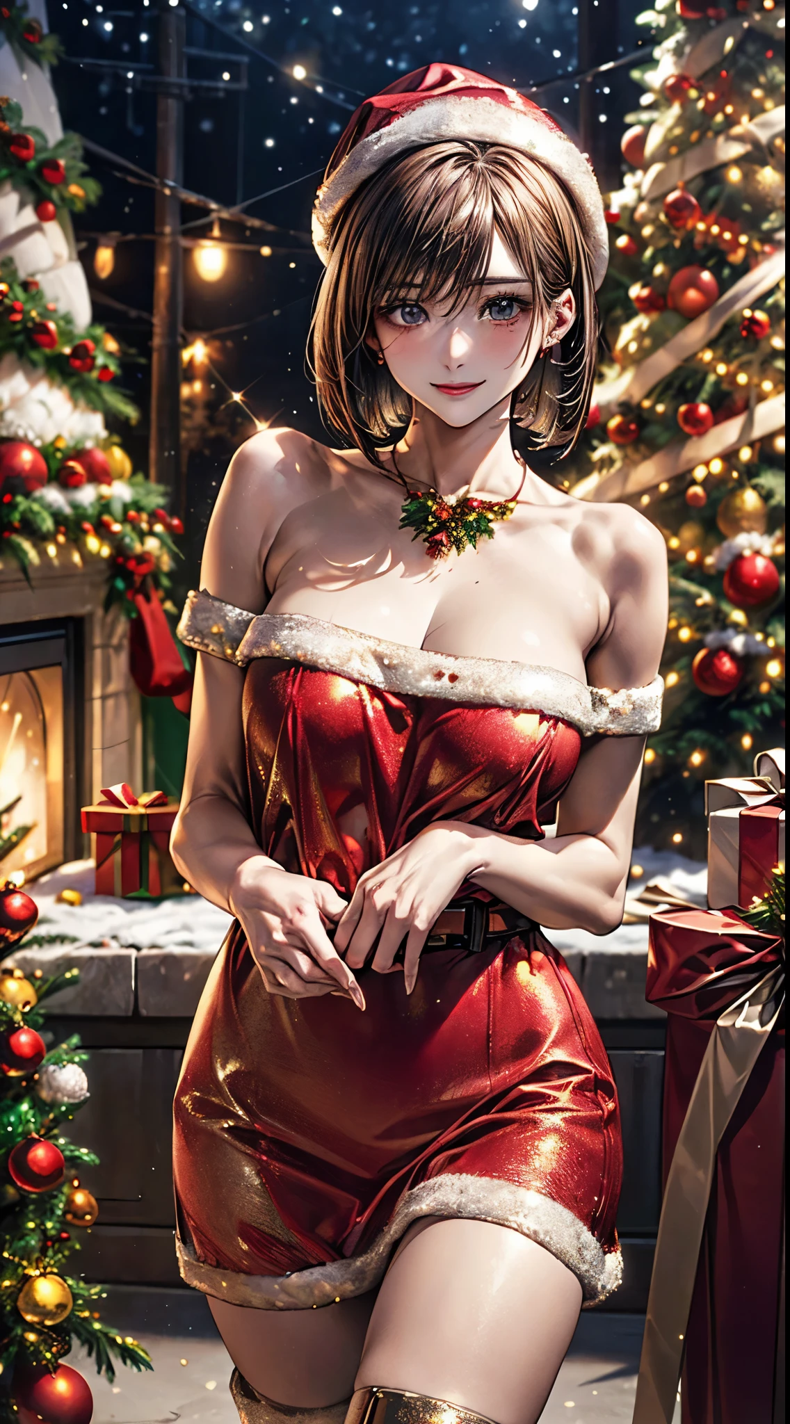 (masterpiece:1.2, top-quality), (realistic, photorealistic:1.4), beautiful illustration, NSFW, looking at viewer, cowboy shot, front view:0.8,
1 girl, japanese, high school girl, beautiful hair, beautiful face, beautiful detailed eyes,
(short hair:1.2, bob cut:1.2), bangs, hair between eye, light brown hair, blue eyes, mole under eye,
beautiful clavicle, beautiful body, beautiful chest, large breasts:0.8, beautiful thighs, beautiful legs, beautiful fingers, bare thighs, (thick thighs, large valleys),
(beautiful scenery), christmas night, outdoors, (christmas tree:1.3),
((wearing santa claus costume, symmetrical clothing, metallic red santa claus hat, metallic red santa claus dress, metallic red santa claus boots, bare shoulders), christmas necklace),
(swollen), ((seductive posture:1.2, attractiveness:1.2)),
(??????, sexy, upper eyes, laugh), shiny skin, walking,
celebration, exquisite details, exciting surprises, shiny ornaments, sparkling tinsel,
anticipation, festive mood, magical ambiance, delightful moment, wonderful memories, christmas magic, extravagant, abundance of presents,
perfect face, cute and symmetrical face, natural side lighting, movie lighting), depth of fields,