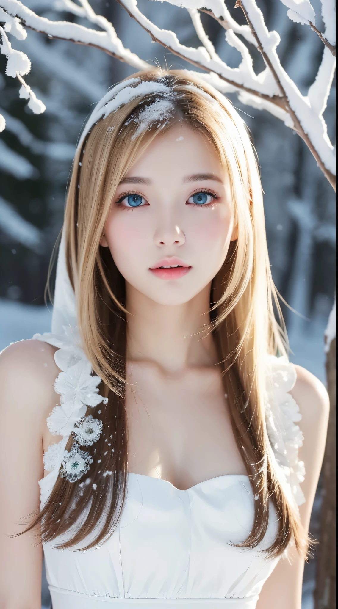 [a white lighting translucent phantom made of snow], dark muted tones, The white, A world covered in snow, branches covered with snow, cold winter touch, Full body, Unparalleled beauty, Lustrous firm and shiny skin, Bangs between the eyes, Glossy straight beautiful pale blonde, Perfect body, Super Long Straight Silky blonde Hair, eye line, Sexy beautiful innocent 18 years old, High definition big beautiful bright pale brown eyes, Beautiful and nice girl, Baby face, cute winter dress, emerald color accessaries, detailed decoration, Glossy face, Small face beauty, (cowboy body shot),