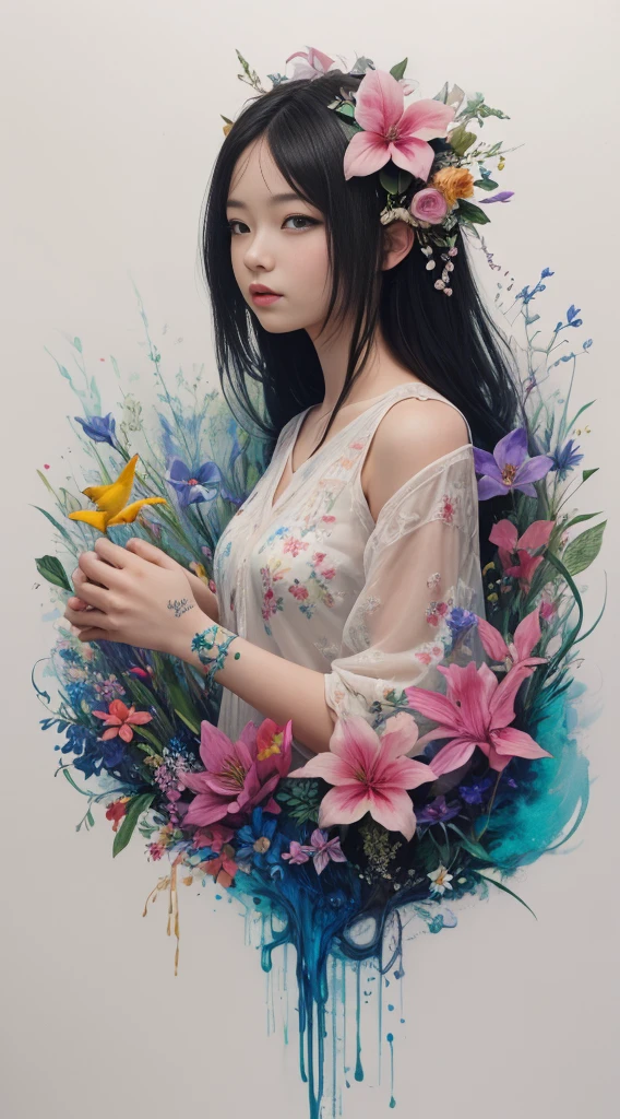 (tmasterpiece:1.1),(Best quality at best:1.1),(HighDynamicRange:1),ambient lights,Super quality,( Super detailed original image),(1 Sister, Upper part of the body),((harajuku fashion)),((flower with human eyes, flower eyes)),double contact,A fusion of fluid abstract art,An error occurred,(Original illustration composition),(Limited color mixing, Minimalist art style, butterflys, artistically),
