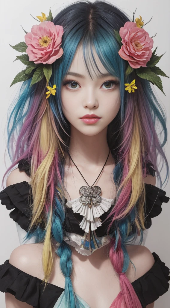 (tmasterpiece:1.1),(Best quality at best:1.1),(HighDynamicRange:1),ambient lights,Super quality,( Super detailed original image),(1 Sister, Upper part of the body),((harajuku fashion)),((flower with human eyes, flower eyes)),double contact,A fusion of fluid abstract art,An error occurred,(Original illustration composition),(Limited color mixing, Minimalist art style, butterflys, artistically),