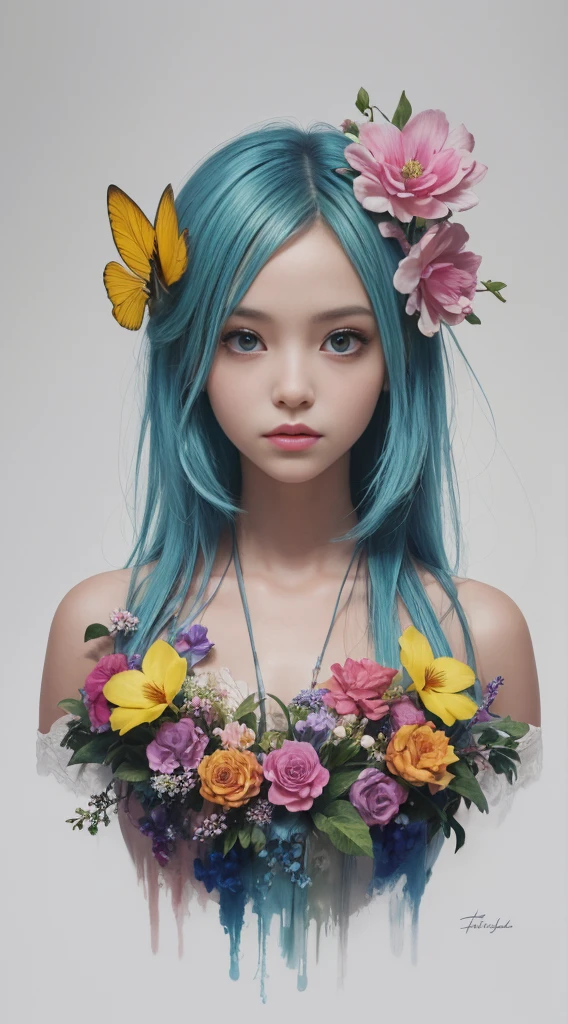(tmasterpiece:1.1),(Best quality at best:1.1),(HighDynamicRange:1),ambient lights,Super quality,( Super detailed original image),(1 Sister, Upper part of the body),((harajuku fashion)),((flower with human eyes, flower eyes)),double contact,A fusion of fluid abstract art,An error occurred,(Original illustration composition),(Limited color mixing, Minimalist art style, butterflys, artistically),