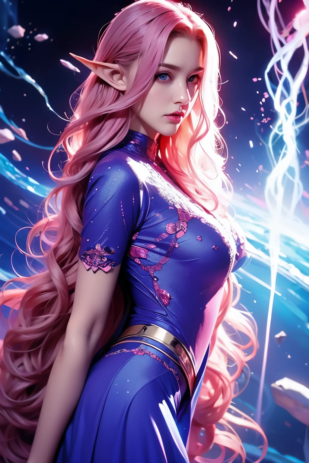 Woman, long curly hair, pink hair, blue eyes, elf, hell, ice powers, combat stance, combat, fight, attack,, medium breast, show nipples