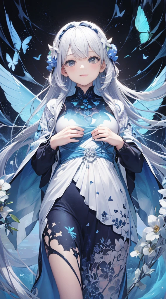 (tmasterpiece:1.1),(Best quality at best:1.1),(HighDynamicRange:1),ambient lights,hyper qualit,( Super detailed original image),(1个Giant Breast Girl, The upper part of the body),((harajuku fashion)),((flower with human eyes, flower eyes)),double contact,流体抽象Artistically的融合,Glitching,(Original illustration composition),(Limited color blending, 极简Artistically风格, 几何Artistically风格, butterflys, Artistically),underdressing