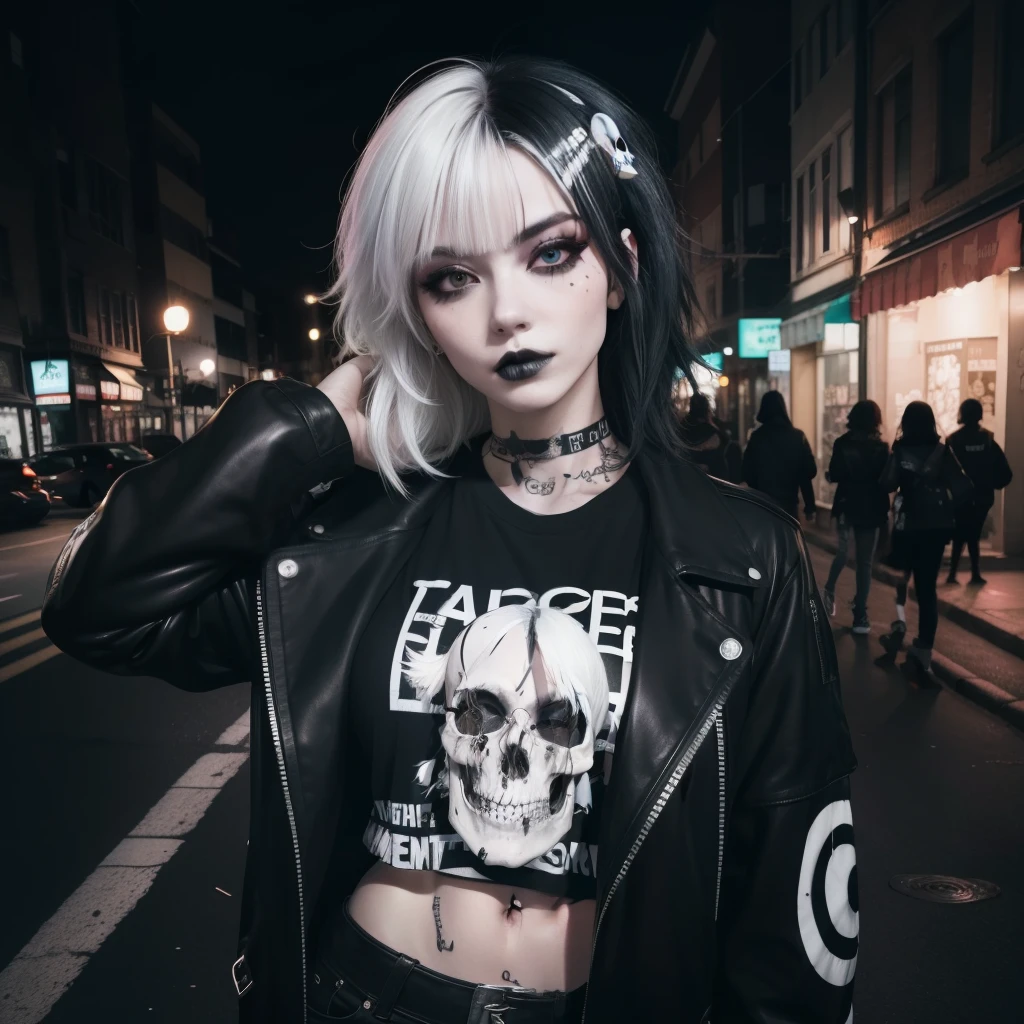 masterpiece, best quality, highly detailed,1girl, large breasts, emo hairstyle, messy hair, split-color hair, black and white hair, eye shadow, black lipstick, street at night, neon lighting, skull print t-shirt, face tattoos, jacket, off center, bimbo