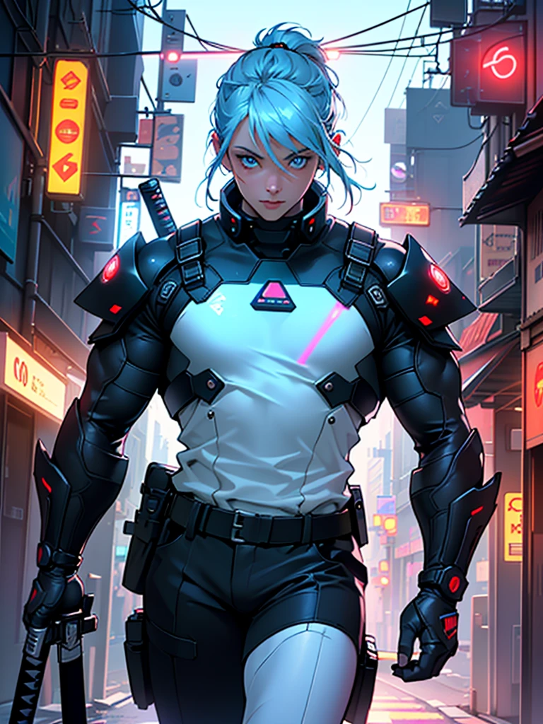 Best Quality, Realistic, Realistic, Award-Winning Illustration, (Complicated Detail: 1.2), (Fine Detail), (Complicated Detail), (Cinematic Lights, Best Quality Backlight), Crisp Lines, Crisp focus, official art, unity 8k wallpaper, absurd, unbelievably absurd, huge file size, ultra- (in_main_street:1.21), (neon lamp), fantasy art, rtx,((triangle closeup photo by award winning studio ))spawn,helmet,blue eyes,neon,beautiful glowing,cyberpunk, science fiction,mecha,,1girl\(mecha\),strong dynamic pose,(holding laser-katana:1.3)