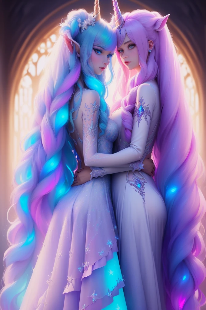 highest quality, Very detailed, masterpiece,hug,Two women hugging each other,(((Perfect female body))),Very beautiful face,Very beautiful body,Gentle expression, Very beautiful eyes,(Perfect Makeup:1.1),Fashion Model,Cyberpunk Fashion,Cinematic Light,Curly Hair,Shaggy Hair, (Drifting in the Wind,White purple gradient long braided chignon hair:1.5),very thin body,Smart Abs,(Monogram pattern:1.3), (((Various patterns,Pink and blue gradient,See-through Bolero,Colorful Suits:1.3))),anklet,Tech High Top Sneakers,A kind smile,Full body portrait,(Night in Cyber City), (Shiny skin),(Earrings),Long scarf with elegant pattern,Neon long shawl,Digital Feather,LED Signs,Splash Ground,