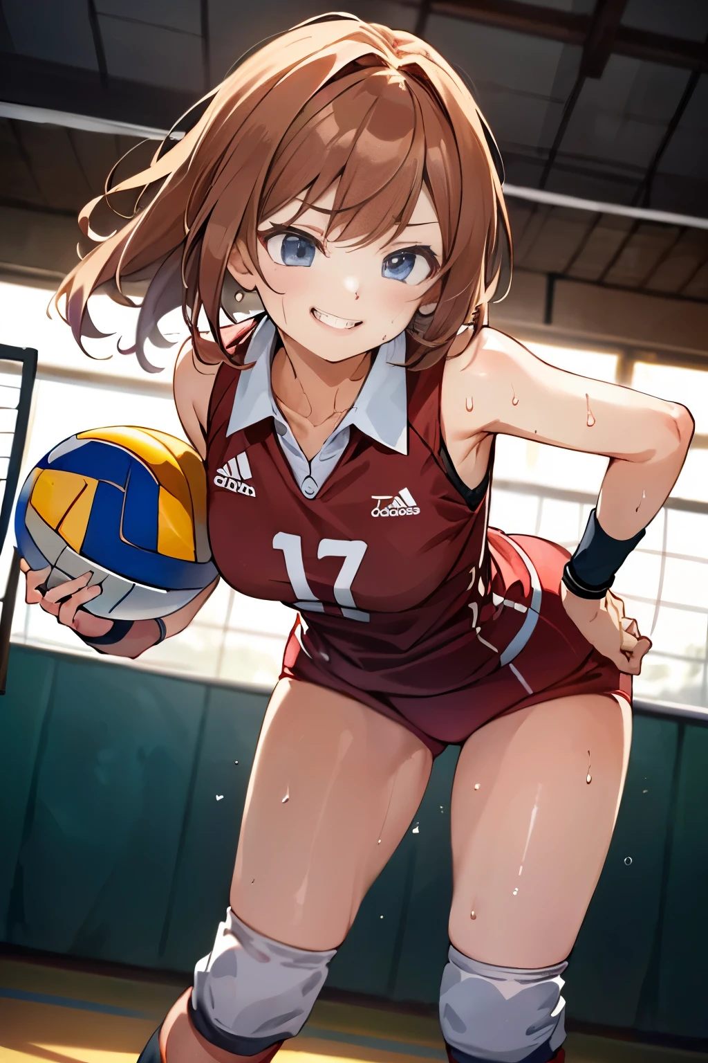 unity 8k wallpaper, anatomically correct, (((masterpiece))), (((best quality))), (((ultra detailed))), (((high-resolution))), ((super fine illustration)), ((Ultimate cutie)), ((detailed beautiful face)), ((perfect hands)), ((perfect finger)), (((good anatomy))), Solo, One girl, 17 years old, (potbelly), (Curve), medium breasts, ((thick thighs)), Shiny hair, ((evil smile)), (smirk), (blush)), BREAK, Adidas, (((Buruma))), (Sleeveless collared Volleyball Uniforms), head band, ((wristbands)), ((Kneepads)), BREAK, (((Hold a beautiful spherical 6-inch volleyball with both hands))), (leaning forward), open stance, ((Sweat)), (perspired), (Heavy breathing), in gymnasium, in volleyball court, depth of field, strong light, ((Looking down)), cowboy shot