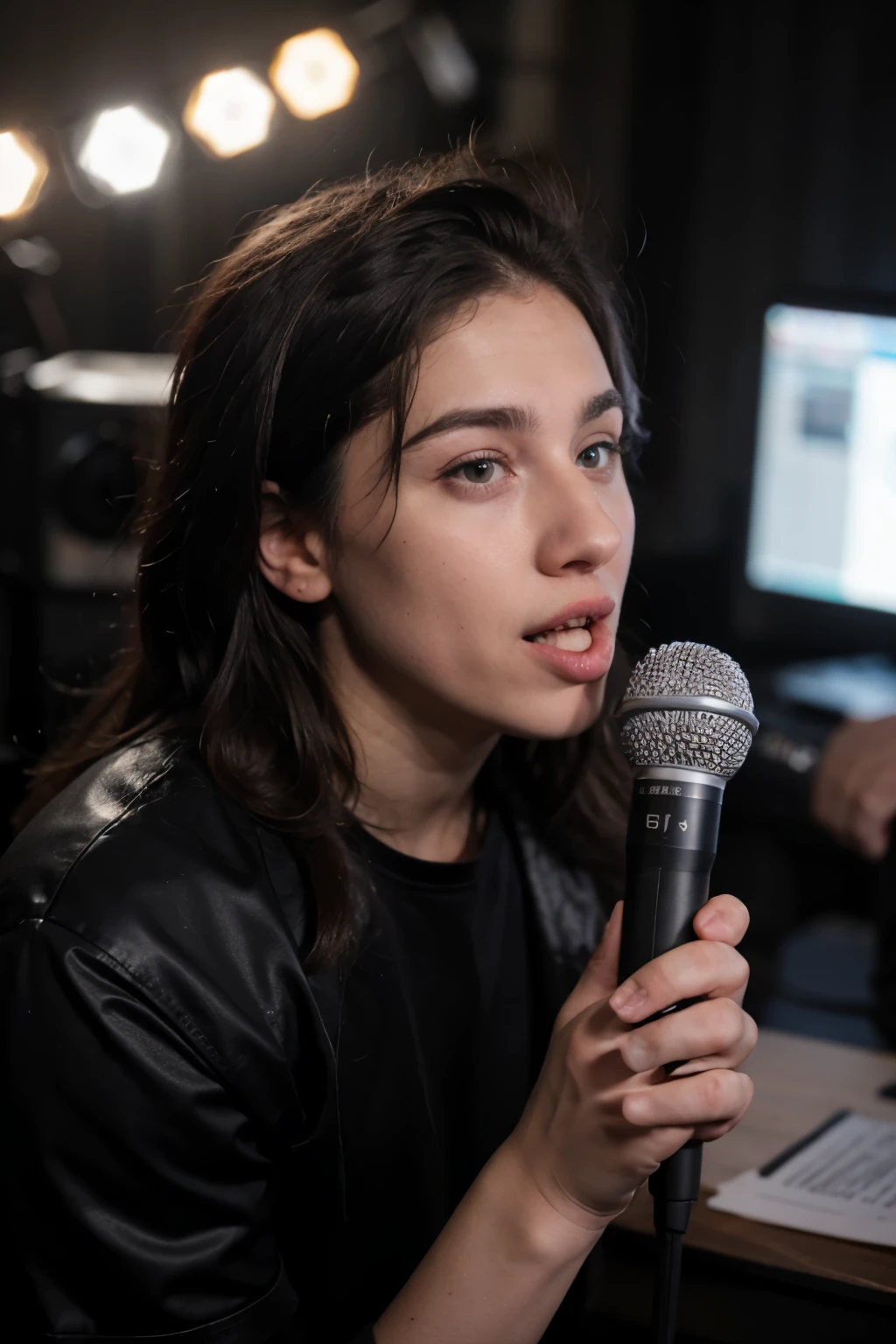 a man holding a microphone making a surprised face, news reporter anthony conn, funny professional photo, microphone silluette, promotional media, deepfake, chris achilleos, zelensky having a tantrum, professional profile picture, influencer, singer in the voice show, pete davidson, standup comedian, portrait of danny gonzalez, sports broadcast, promotional images, istockphoto