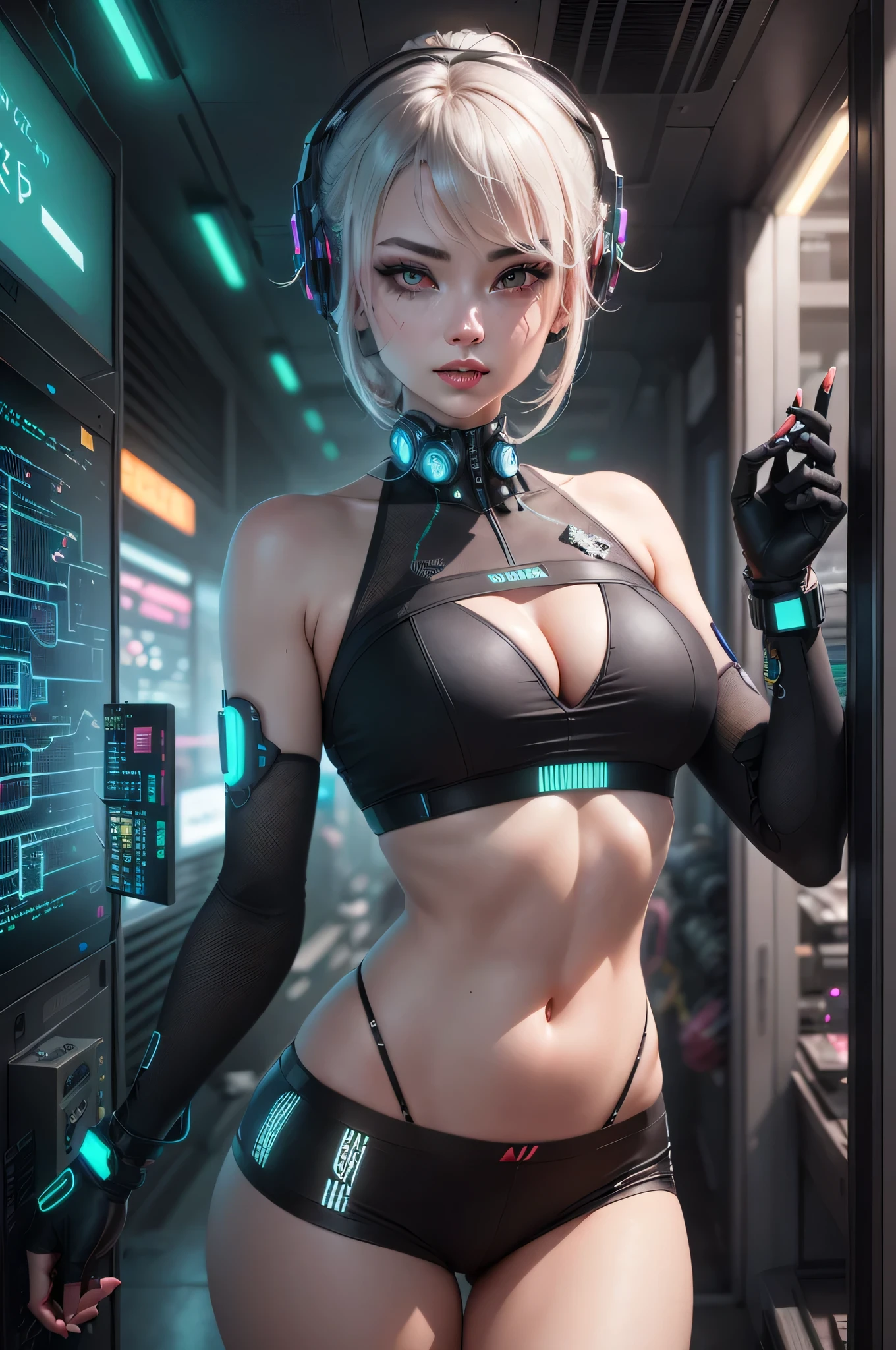 beautiful cyberpunk girl wearing a A futuristic head mounted display, (delicate skin), pale-skinned, (in a deep neckline highly detailed sexy A futuristic cyberpunk black crop top and underpants made of circuit boards, Cybernetics, Japanese words with a flare effect, beautiful epic work, A futuristic, tmasterpiece, , Attractive, Posing for photos