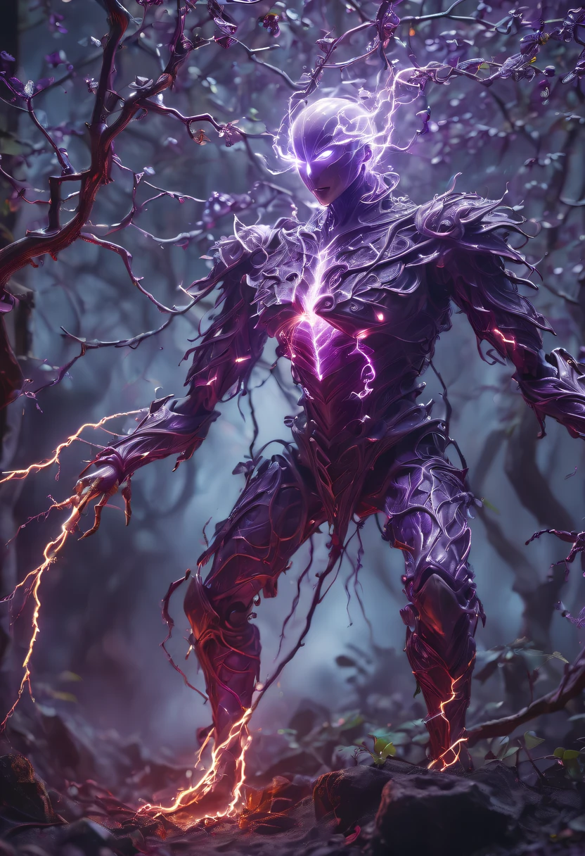 Magic plantloody Oni Vine from the abyss, Oni Vine,Blood-red vines stare at the dead，carismatic，Incredible，terror，(Wrapped purple magic lightning:1.5), epic magic power, The vines shine brightly, Electric Power Branch, epic thunderstorm, terror冲击, Surreal, Crazy, Whimsical, Octagonal rendering, iintricate,