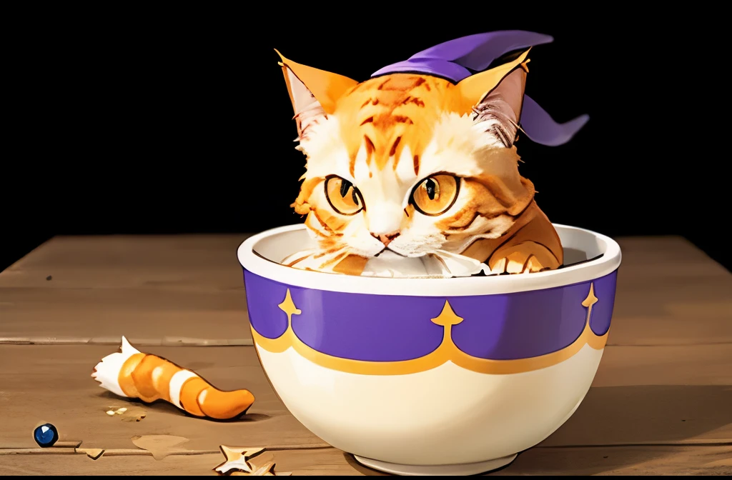 Psychic type Longhair orange cat, with a white chin, wearing a pointy purple wizard hat with stars on it, sitting in front of an empty bowl of soup drawn in the style of a Pokémon card. The background looks like a Japanese dinning room.