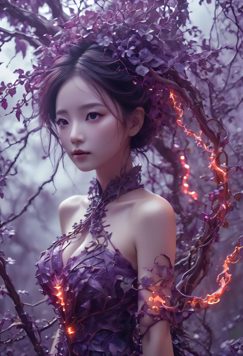 Magic plantloody Oni Vine from the abyss, Oni Vine,Blood-red vines stare at the dead，carismatic，Incredible，terror，(Wrapped purple magic lightning:1.5), epic magic power, The vines shine brightly, Electric Power Branch, epic thunderstorm, terror冲击, Surreal, Crazy, Whimsical, Octagonal rendering, iintricate,
