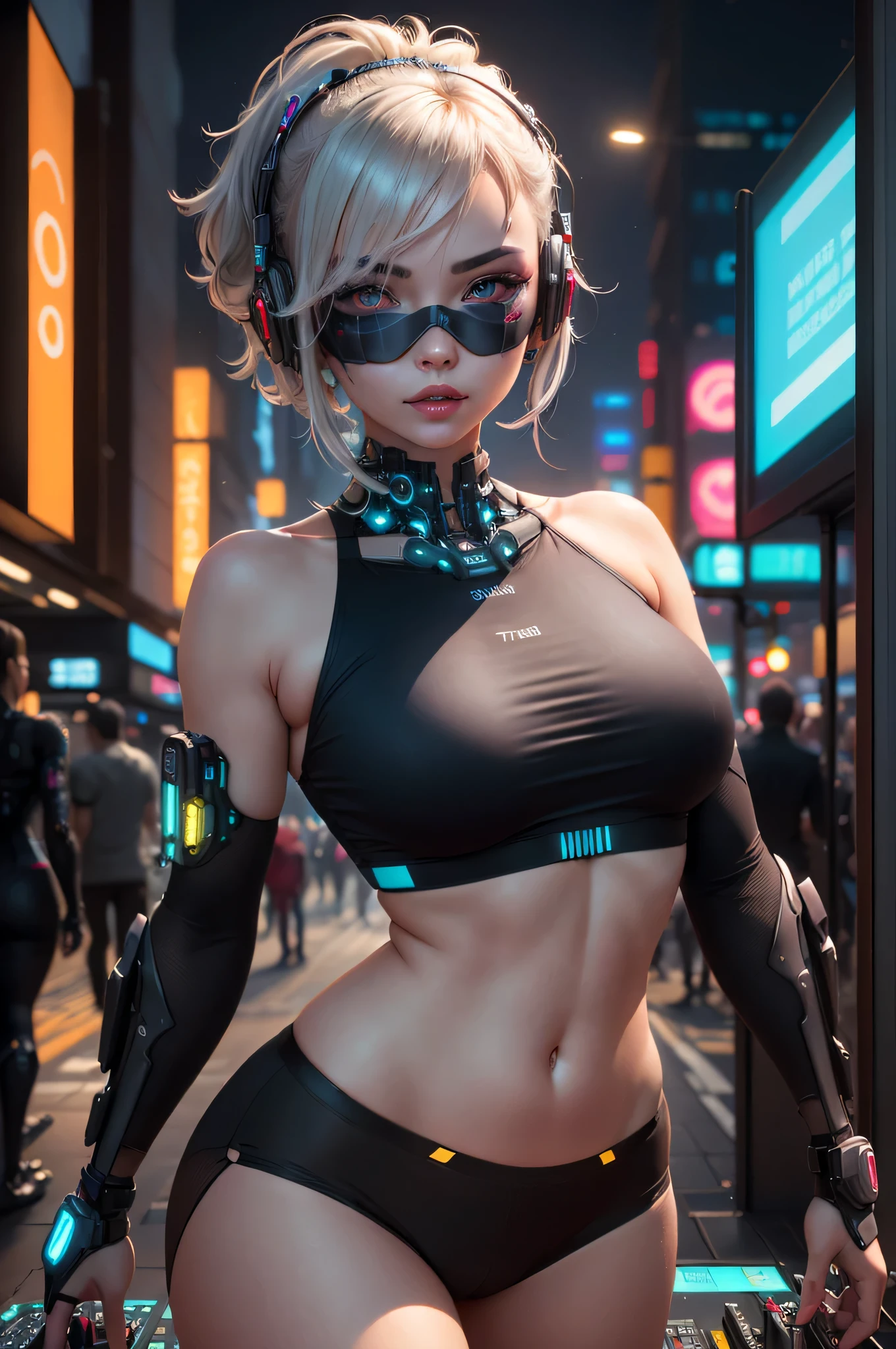 beautiful cyberpunk girl wearing a A futuristic head mounted display, (delicate skin), pale-skinned, (in a deep neckline highly detailed sexy A futuristic cyberpunk black crop top and underpants made of circuit boards, Cybernetics, Japanese words with a flare effect, beautiful epic work, A futuristic, tmasterpiece, , Attractive, Posing for photos