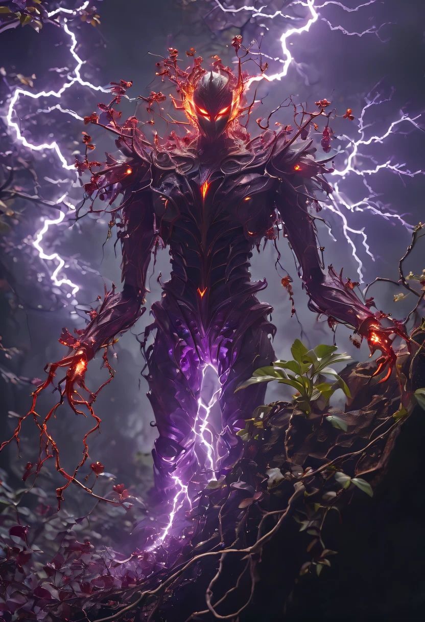 Magic plantloody Oni Vine from the abyss, Oni Vine,Blood-red vines stare at the dead，carismatic，Incredible，terror，(Wrapped purple magic lightning:1.5), epic magic power, The vines shine brightly, Electric Power Branch, epic thunderstorm, terror冲击, Surreal, Crazy, Whimsical, Octagonal rendering, iintricate,