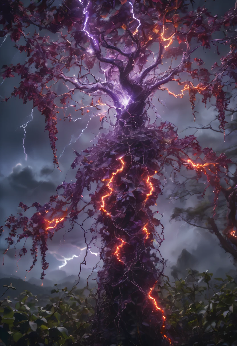 Magic plantloody Oni Vine from the abyss, Oni Vine,Blood-red vines stare at the dead,carismatic,Incredible,terror,(Wrapped purple magic lightning:1.5), epic magic power, The vines shine brightly, Electric Power Branch, epic thunderstorm, terror冲击, Surreal, Crazy, Whimsical, Octagonal rendering, iintricate,
