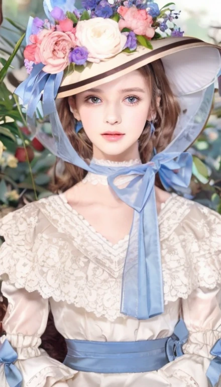 Royal era noble girl, wearing a white dress with a blue ribbon, Long brown hair, brown eyes, Wearing a hat with flowers and a blue ribbon