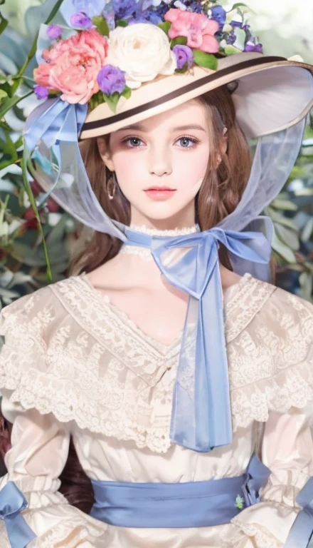Royal era noble girl, wearing a white dress with a blue ribbon, Long brown hair, brown eyes, Wearing a hat with flowers and a blue ribbon