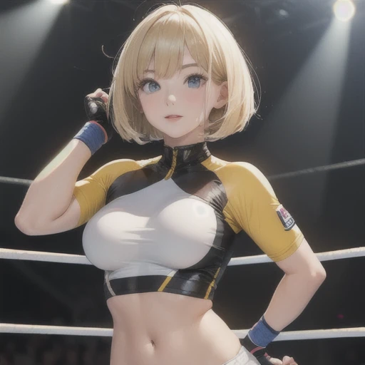adult female professional wrestler、a blond、bob cuts、 A white costume with a yellow stripe that shows a little of the stomach.