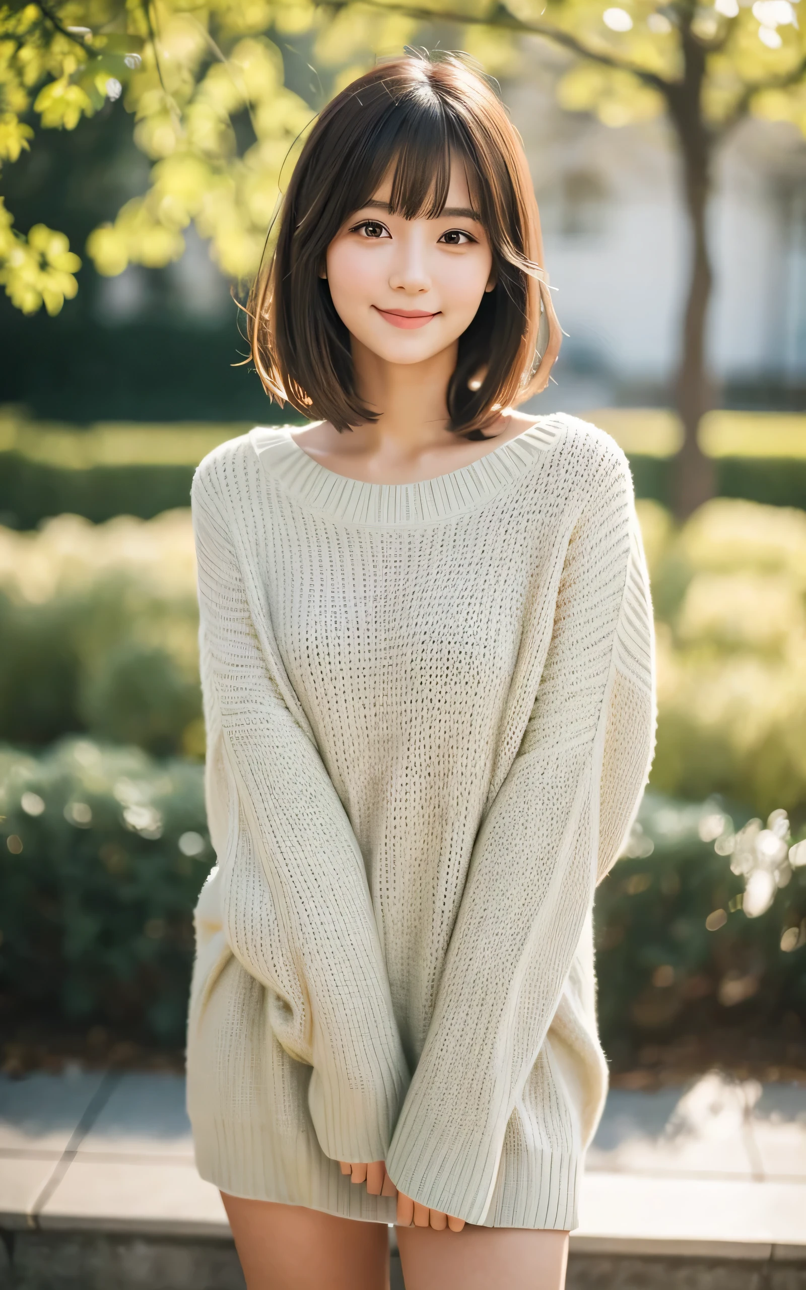 masutepiece, Best Quality, 8K, 1 girl, 20 yo, Closed mouth, Smile, Full body, (Full body:1.4), Solo, Cute, Girly, Delicate girl, Neat and clean beauty, Raw photo, Professional Photography, Portrait, Soft light, Professional Lighting, Back lighting, Look away, looking at away, Sophisticated, Film grain, (Eyes and faces with detailed:1.0), Short-length floating hair, Beautiful flowing hair, Bangs, Sweaters