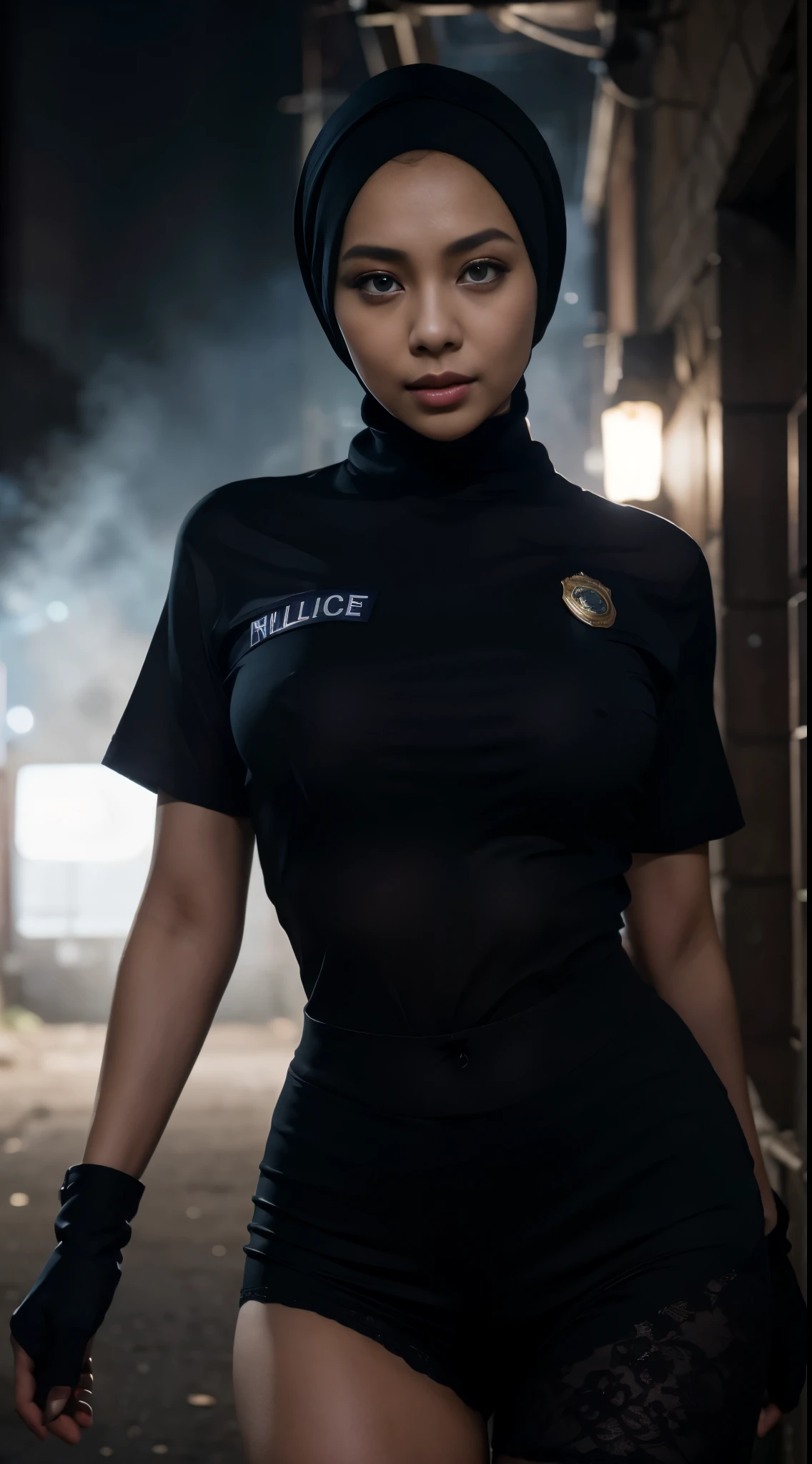 masterpiece, Best Quality, hight resolution, 1 malay girl in hijab, Solo, hijab, Blue eyes, Black Gloves, sexy exposed Police Uniform, police badges, black tight lace short pants, Short sleeves, Close up Shot, dark alley background, nighttime, a lot of smoke in background, horror scene, blur background,