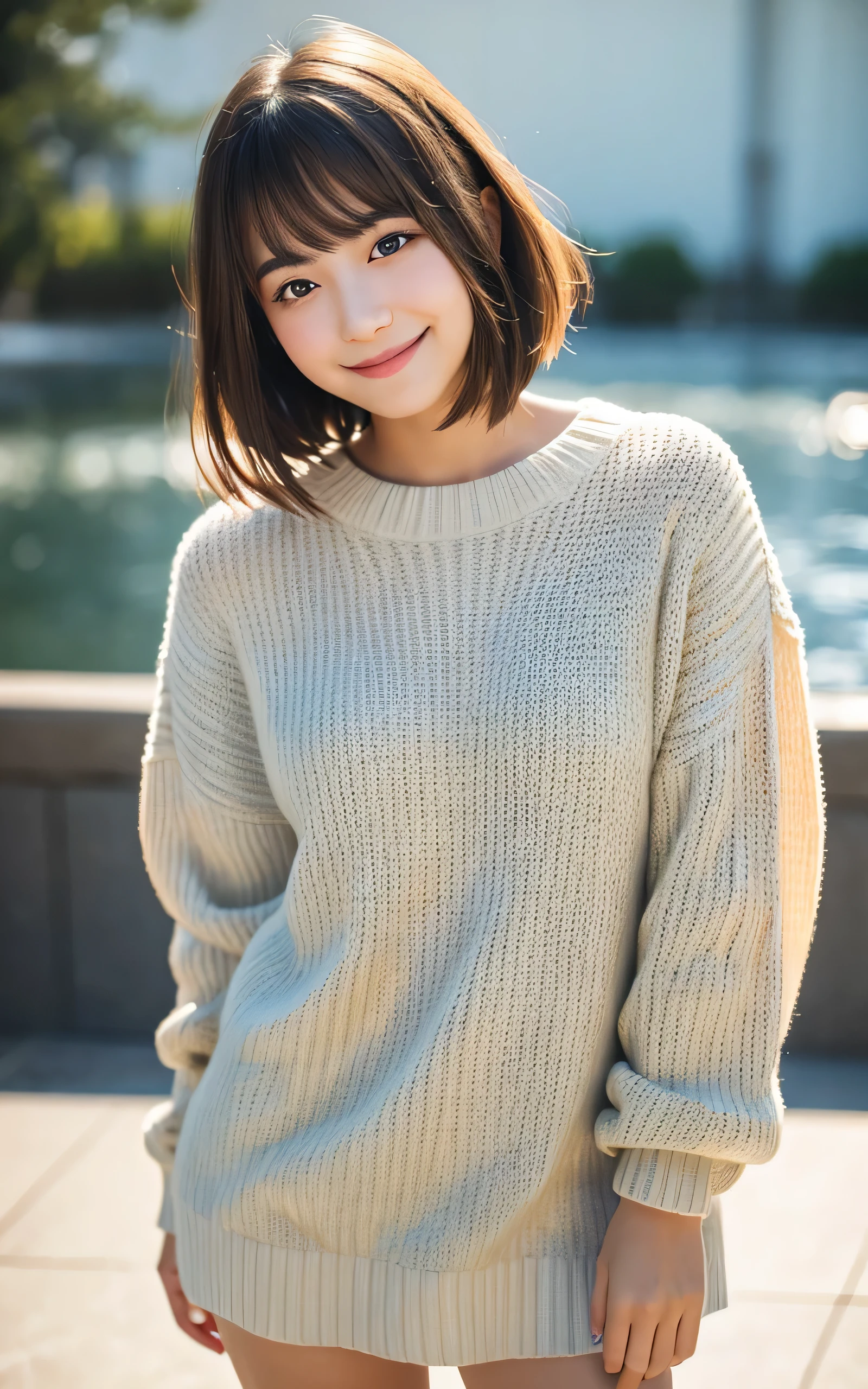 masutepiece, Best Quality, 8K, 1 girl, 20 yo, Closed mouth, Smile, Full body, (Full body:1.4), Solo, Cute, Girly, Delicate girl, Neat and clean beauty, Raw photo, Professional Photography, Portrait, Soft light, Professional Lighting, Back lighting, Look away, looking at away, Sophisticated, Film grain, (Eyes and faces with detailed:1.0), Short-length floating hair, Beautiful flowing hair, Bangs, Sweaters