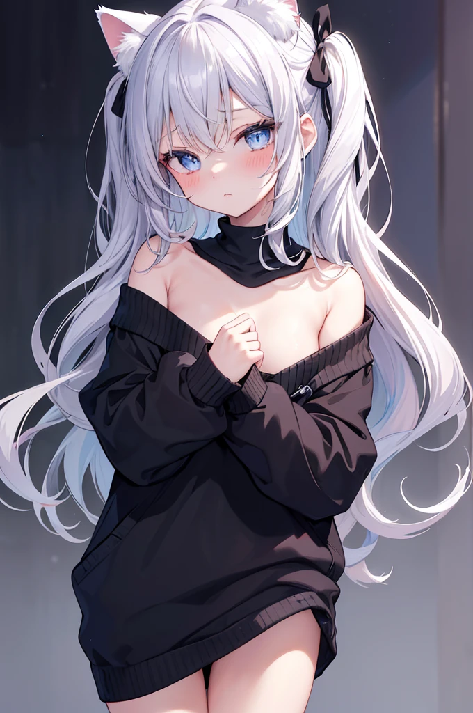 best quality, ultra precision, 1girl,  cute, little girl, young, boyish, childish, small breasts, silver hair, cat ears, blue eyes, beautiful eyes,  girl, ecstasy, sailor collar, estrus, metestrus, start to undress, naughty mood, she loves you, lost virgin, virgin, blush, beautiful skin, big bow on chest I'm not wearing panties BLUE SWEATER, BLACK SHIRT, SHIRT UNDER SWEATER, OFF SHOULDER TOP) Tsundere