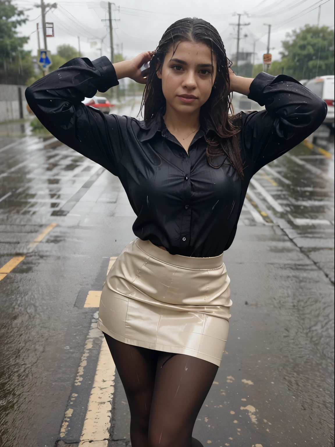 Professional photo of a young student, slim figure, large breasts, cleavage, black mini skirt, posing in the rain on the street, ((brunette)), ((wet hair)), ((dry clothes)), ((raindrops on the body) ), eye contact, looking at viewer, masterpiece, best quality, perfect detail, perfect face detail, perfect eye detail, perfect skin detail, depth of field, perfect lighting