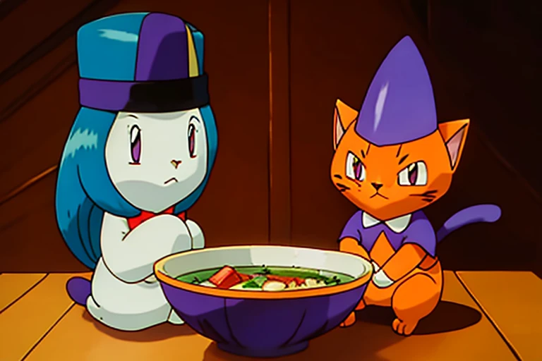 Psychic type Longhair orange cat, with a white chin, wearing a pointy purple wizard hat with stars on it, sitting in front of an empty bowl of soup drawn in the style of a Pokémon card. The background looks like a Japanese dinning room.