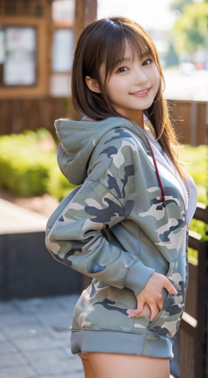 The cutest girl who works as a gravure idol、( girl、Extremely beautiful face, Naチュラルメイク)(fair white skin)(sparkly eyes)Na、with shiny brown hair、large full breasts、thin-waist、big butts((Camouflage gray zip hoodie、Long length))魅惑的.。I can see the beautiful cleavage、She's full of confidence々Smiled at.、Facing the camera in a professional pose。her fashion and expressions、The perfect balance of cuteness and elegance、draw the viewer in、Throughout this scene、express her charm to the fullest、Facing backwards、Turning around posture、Angle where you can see panties、medium long shot from behind