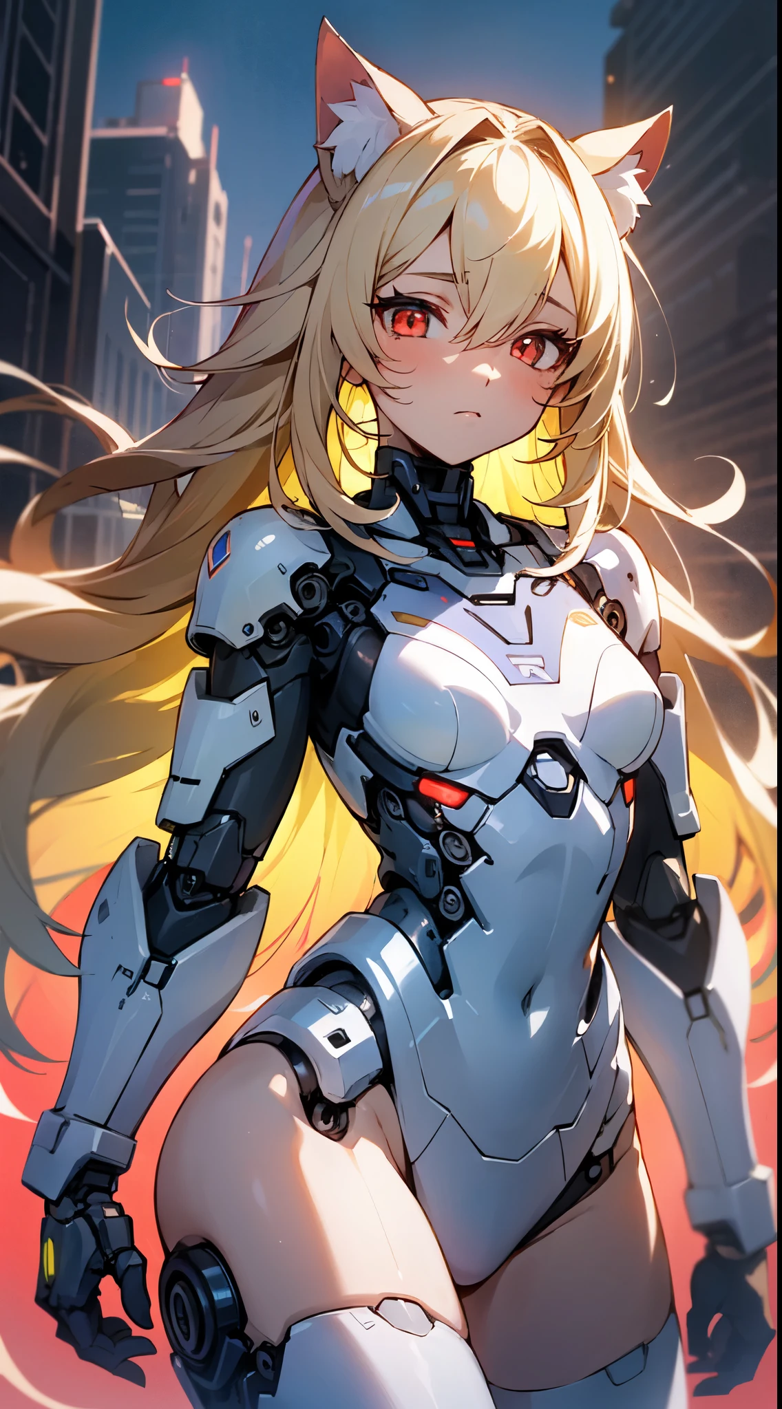 an extremely delicate,
beautiful girl,
break,
8k,
best quality,
masterpiece,
ultra hires,
ultra detailed girl,
super fine illustration,
break,
cowboy shot,
active pose,
rim lighting,
Cinematic Lighting,
outdoors,
(street:1.2),
day,
(sunny:1.2),
bright,
break,
1girl,
solo,
(cyborg girl:1.3),
college age,
perfect female body,
long hair,
big hair,
air bangs,
long bangs between eyes,
fluffy hair,
(shiny blonde hair),
boyish face,
(red eyes),
(glowing cyborg eyes:1.2),
(bare thighs:1.2),
(bare shoulders:1.2),
small breasts,
break,
white body with indigo patterns,
(mechanical joints:1.2),
pale blue energy core,
thigh high socks,
chest armor,
mechanical cat ears,